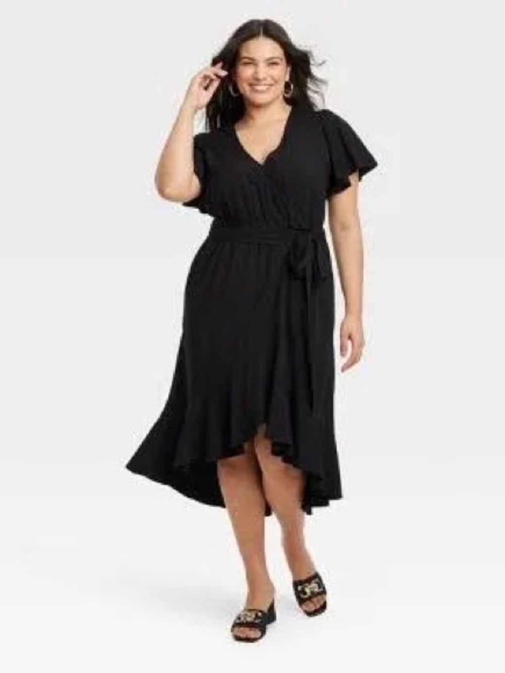 Ava & Viv Black High-Low Wrap Dress with Flutter Sleeves